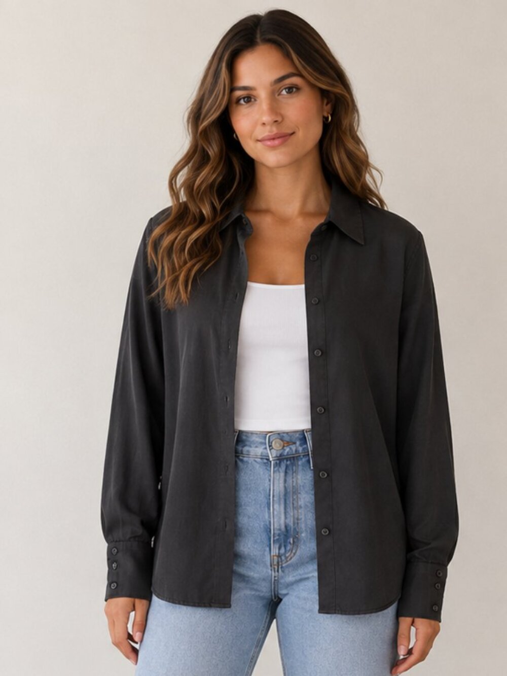 Dynamite Black Satin Button Up Blouse Size Large